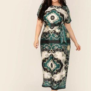 Plus Scarf Print Self Belted Satin Dress